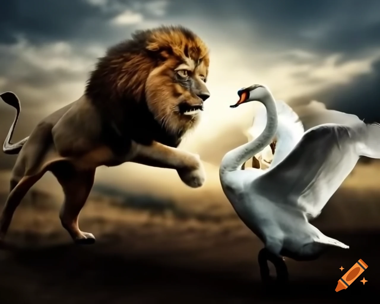 Lion confronting white swan in a dramatic scene