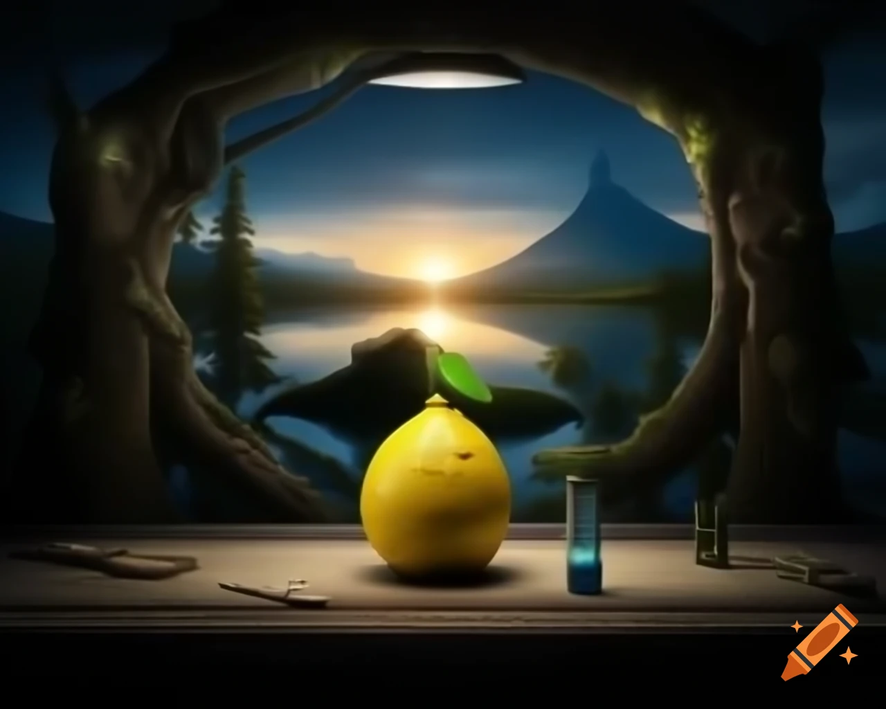 Surrealistic lemon monster sculpture rendered in 3D