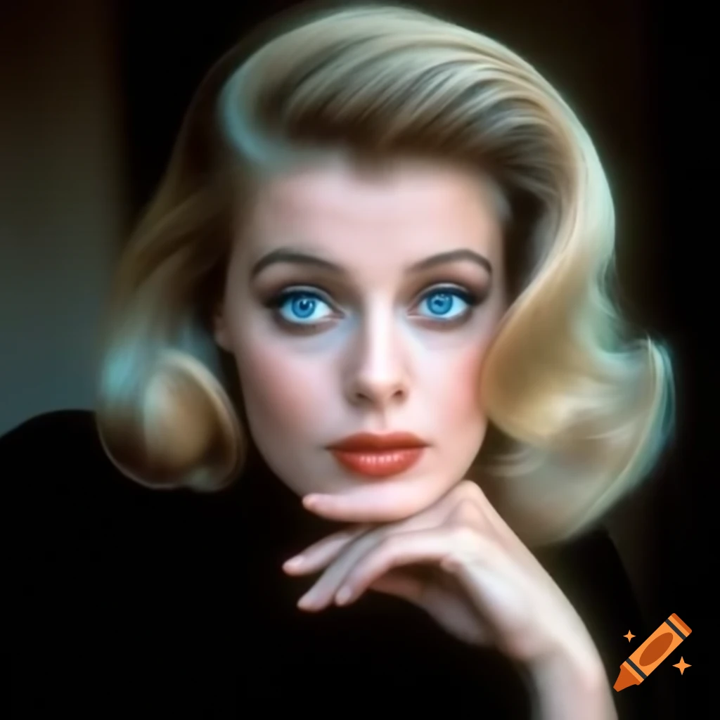 Hyper-realistic photograph of beautiful European actress from 1963 with porcelain skin and wavy golden hair