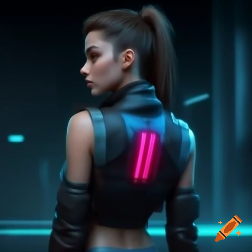 Young woman in cyberpunk fashion gazing back at the camera