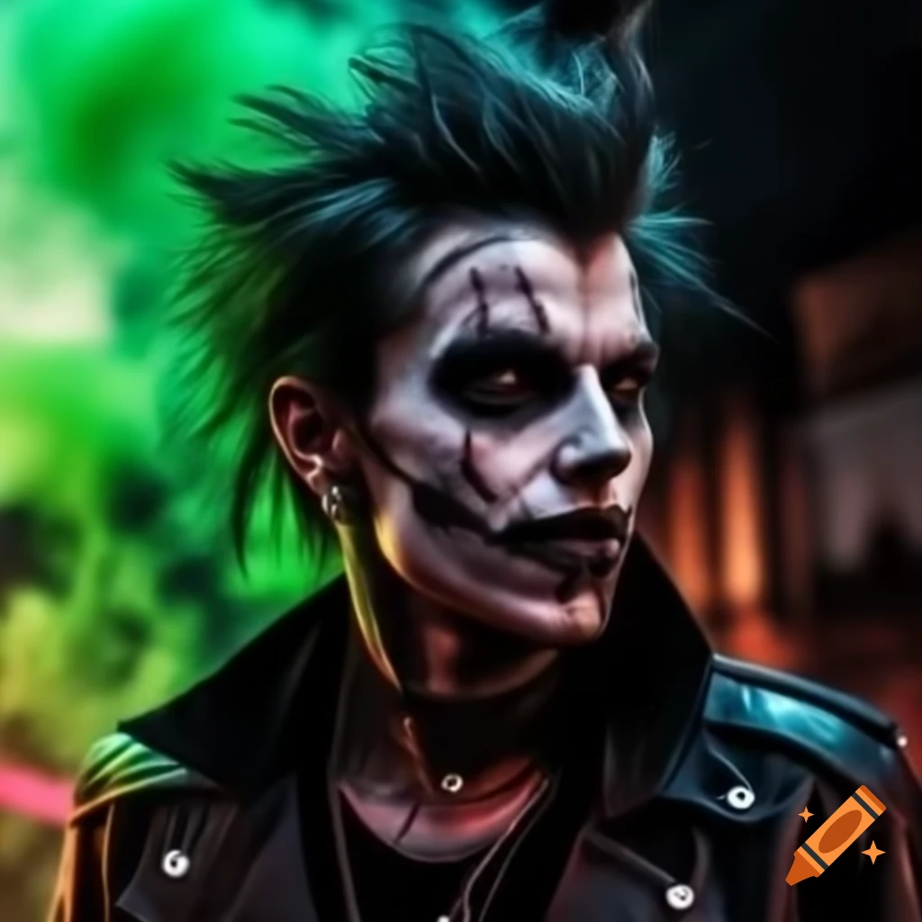 Psychedelic punk rock vampire with messy hair and face piercings against green smoke backdrop