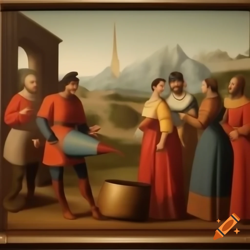 Group of 10th century Spanish people crafting a water rocket in old wall painting style