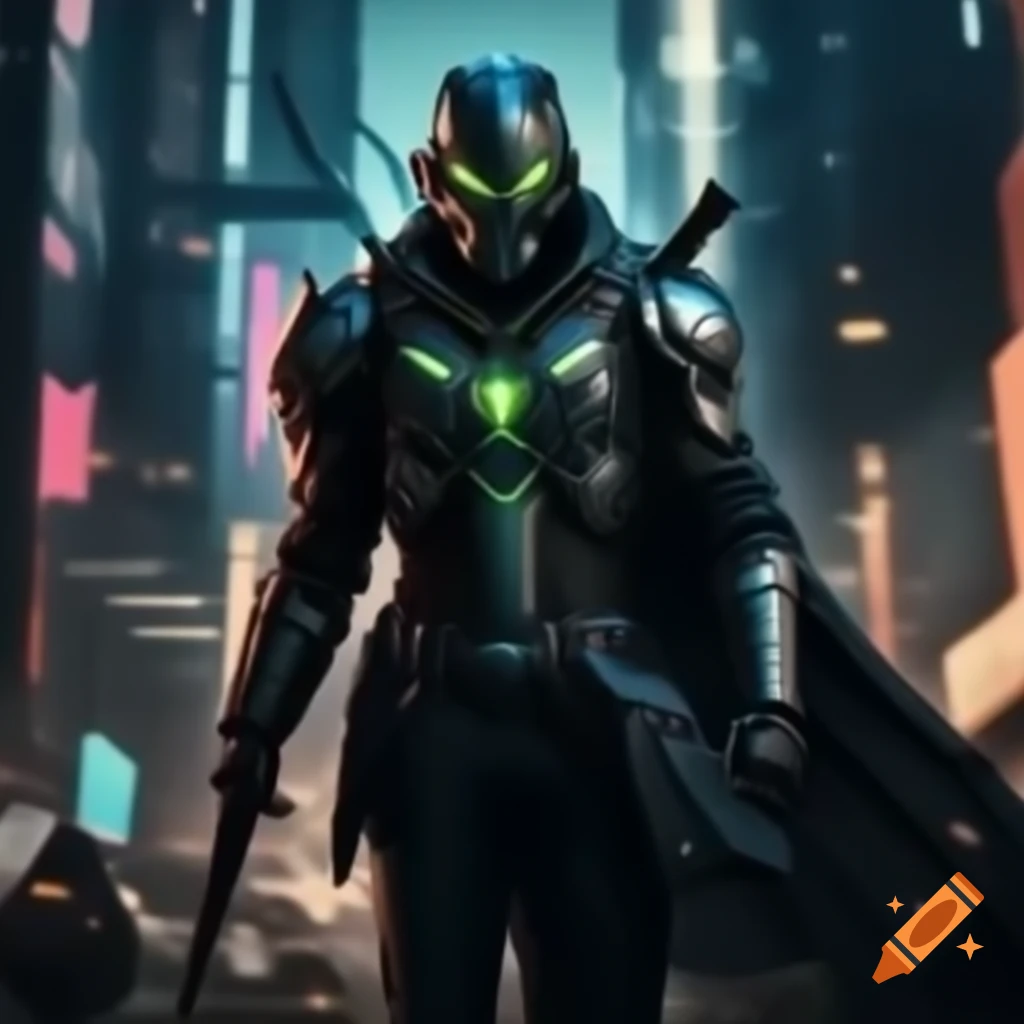 Lone warrior in cyberpunk armor against neon cityscape