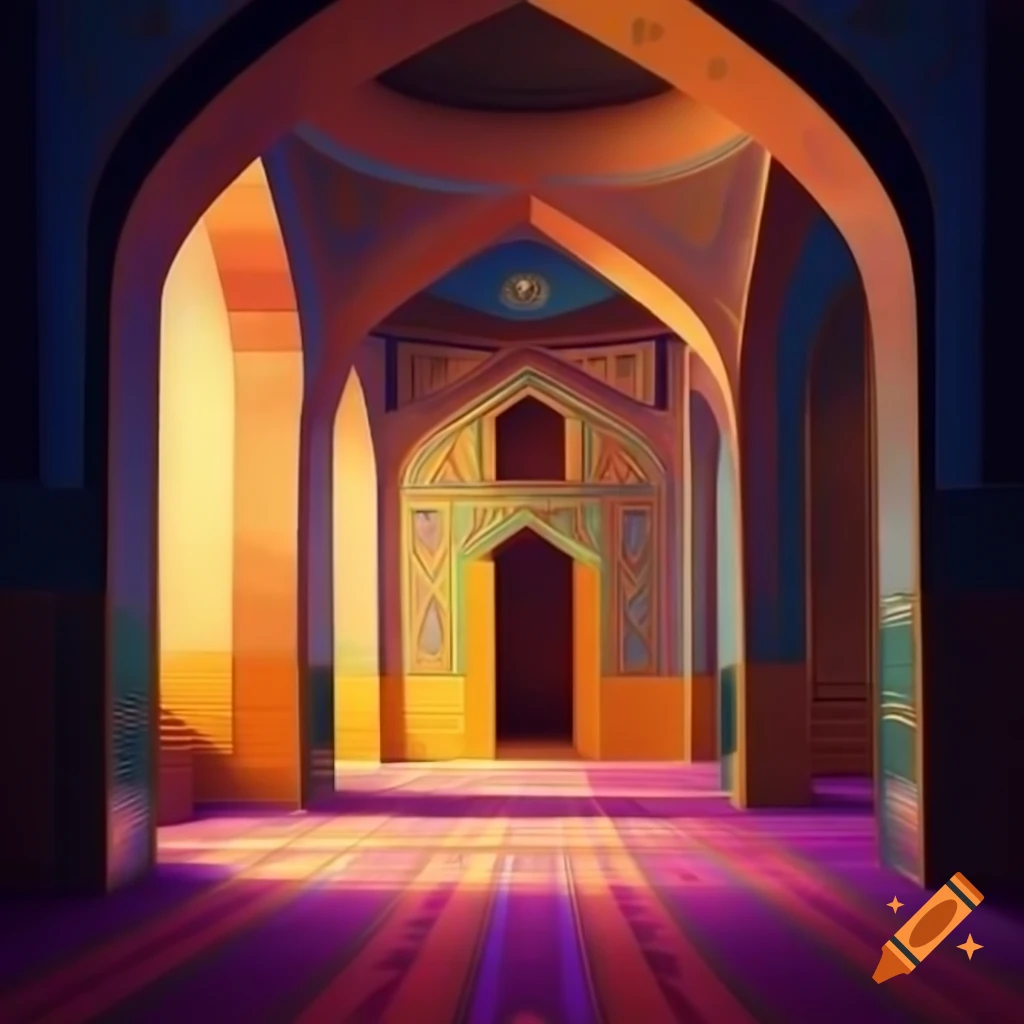 Interior of Shah-Cheragh mosque in Shiraz with warm hues and painterly style