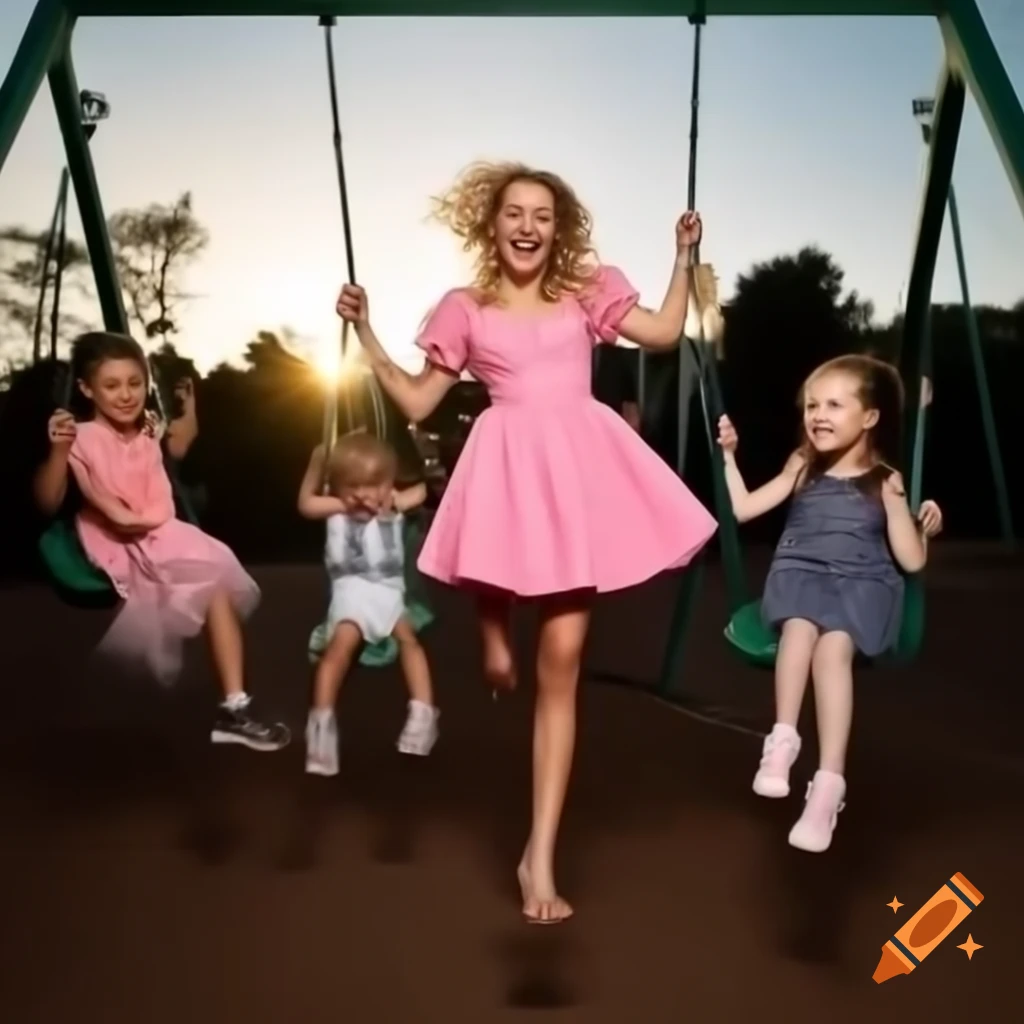 Carefree woman in pink dress on swing at playground, smiling joyfully