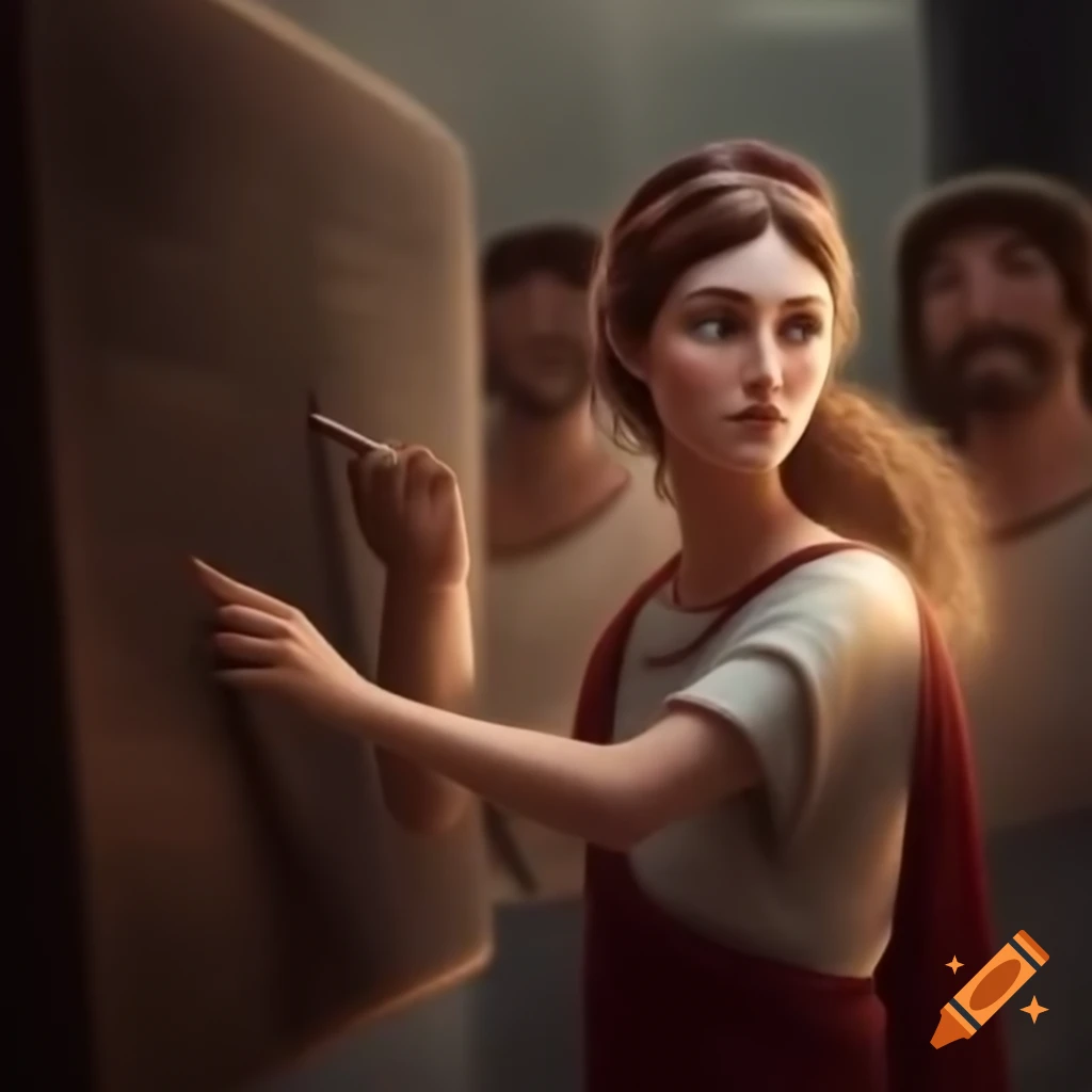 Ancient Greek woman teaching a modern classroom in 2024