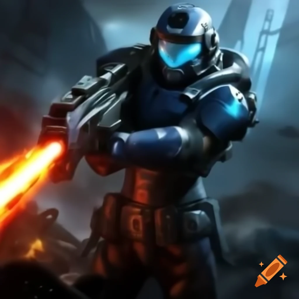 Futuristic soldier in blue and black armor firing laser gun on battlefield