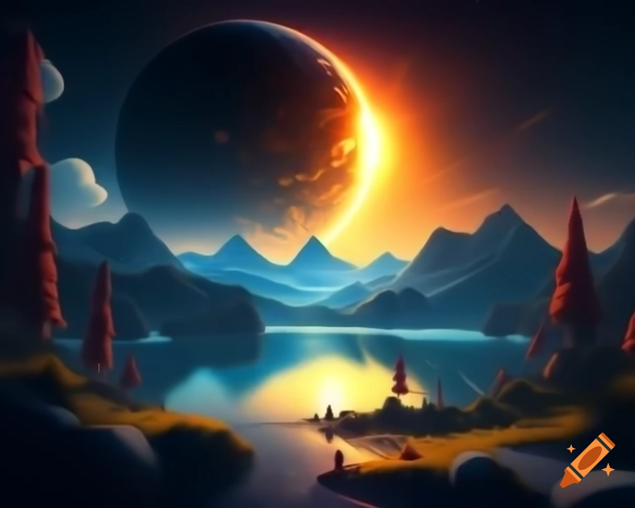 Sunset over mountain lake in photorealistic 3D render with beaming light