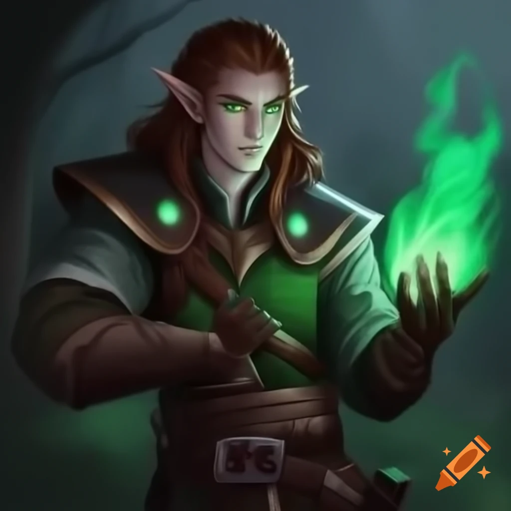 High Elf male Wizard wearing leather armor and backpack, with green eyes and buzzed hair