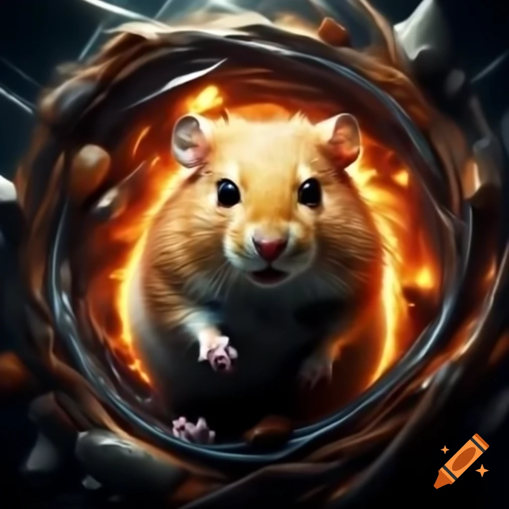 Hamster emerging from otherworldly vortex portal with radiant eyes