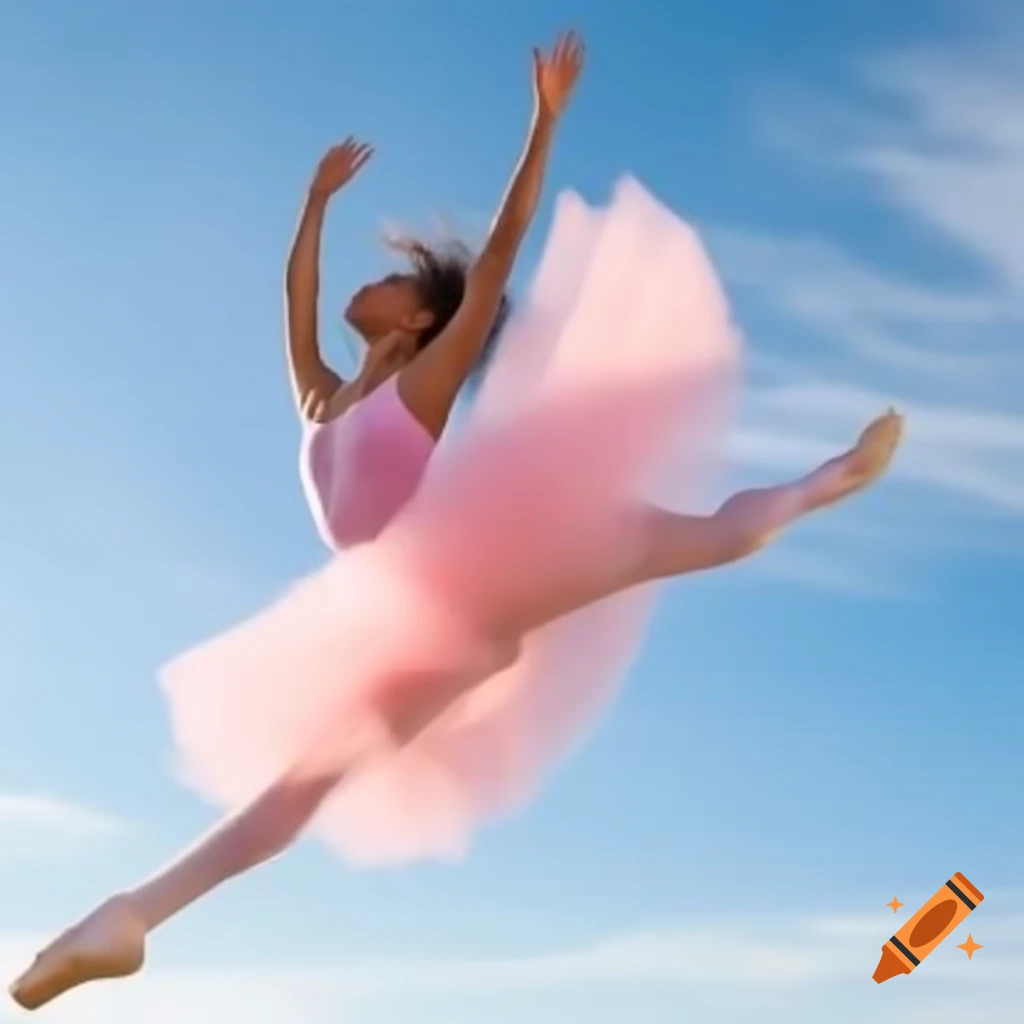 Super skinny ballerina in pink tulle performing full split jump