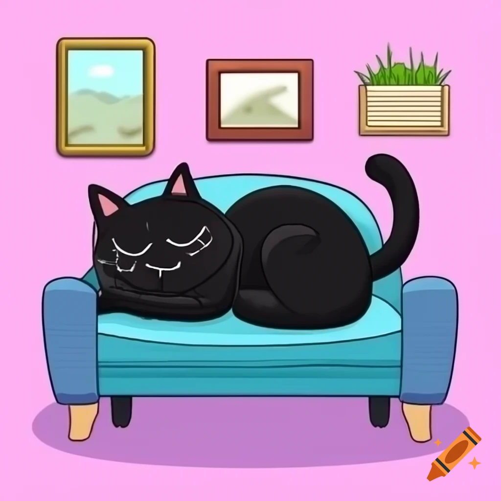 Cartoon of a black cat lying on a couch