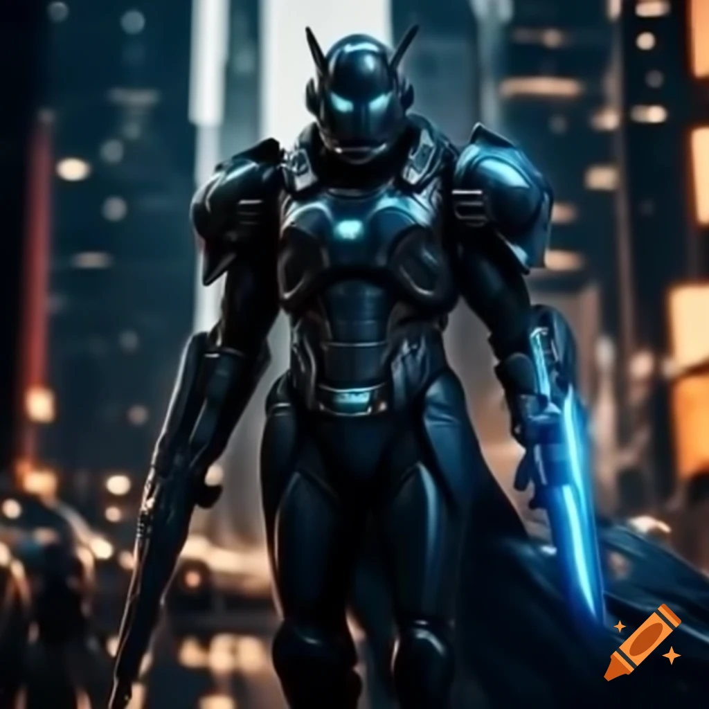 Grim warrior in black and cobalt armor against shimmering cityscape with blue cybernetic enhancements