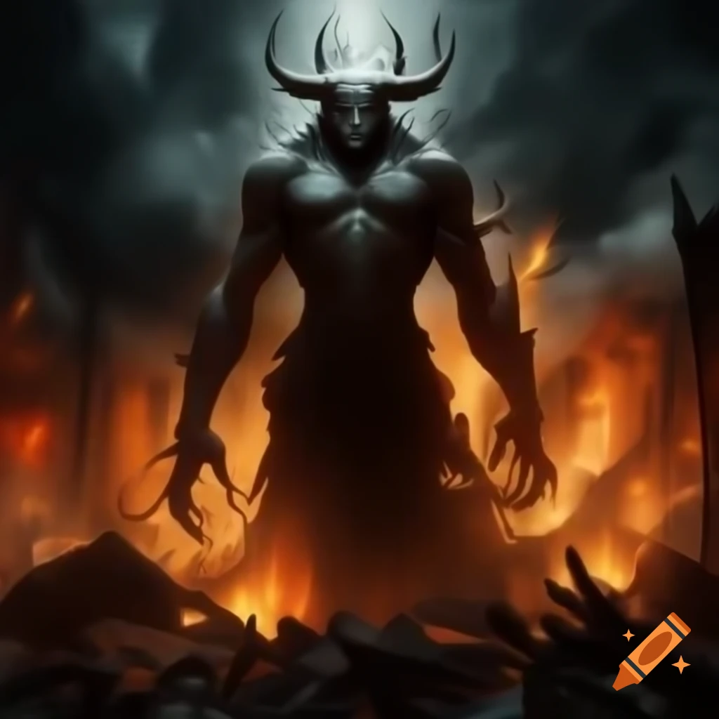 Demonic silhouette emerging from abyss with fire and destruction