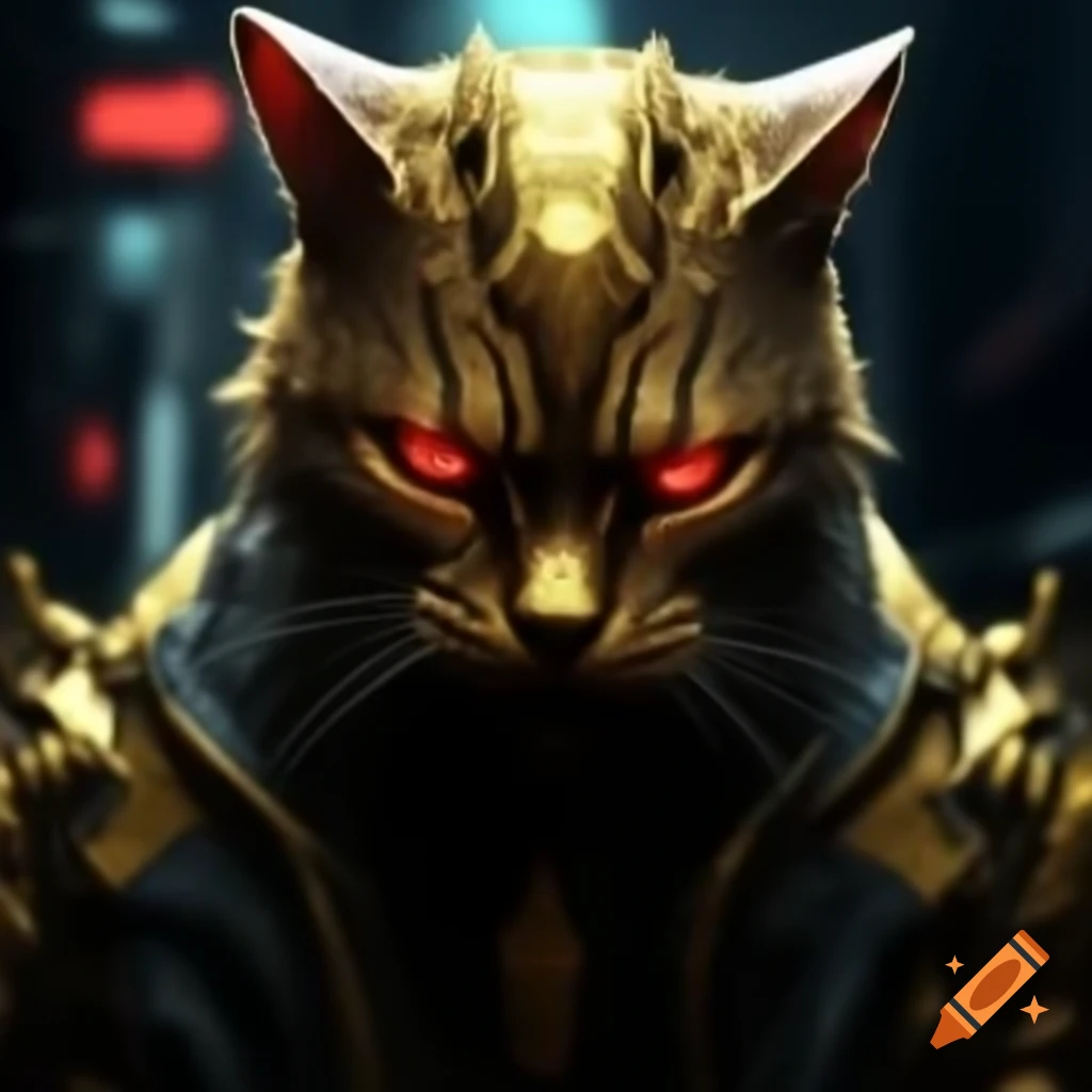 Sinister gold glowing cat deity with red eyes in cyberpunk setting