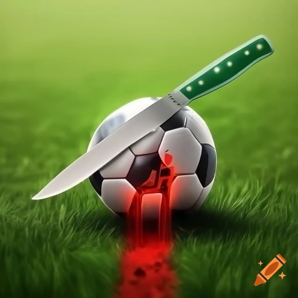 Soccer ball impaled by knife with green liquid on grass