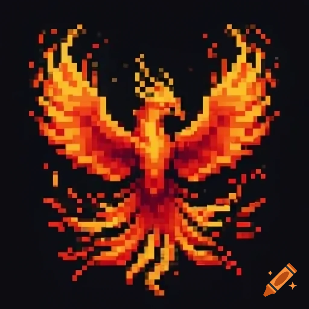 Pixel art representation of a phoenix