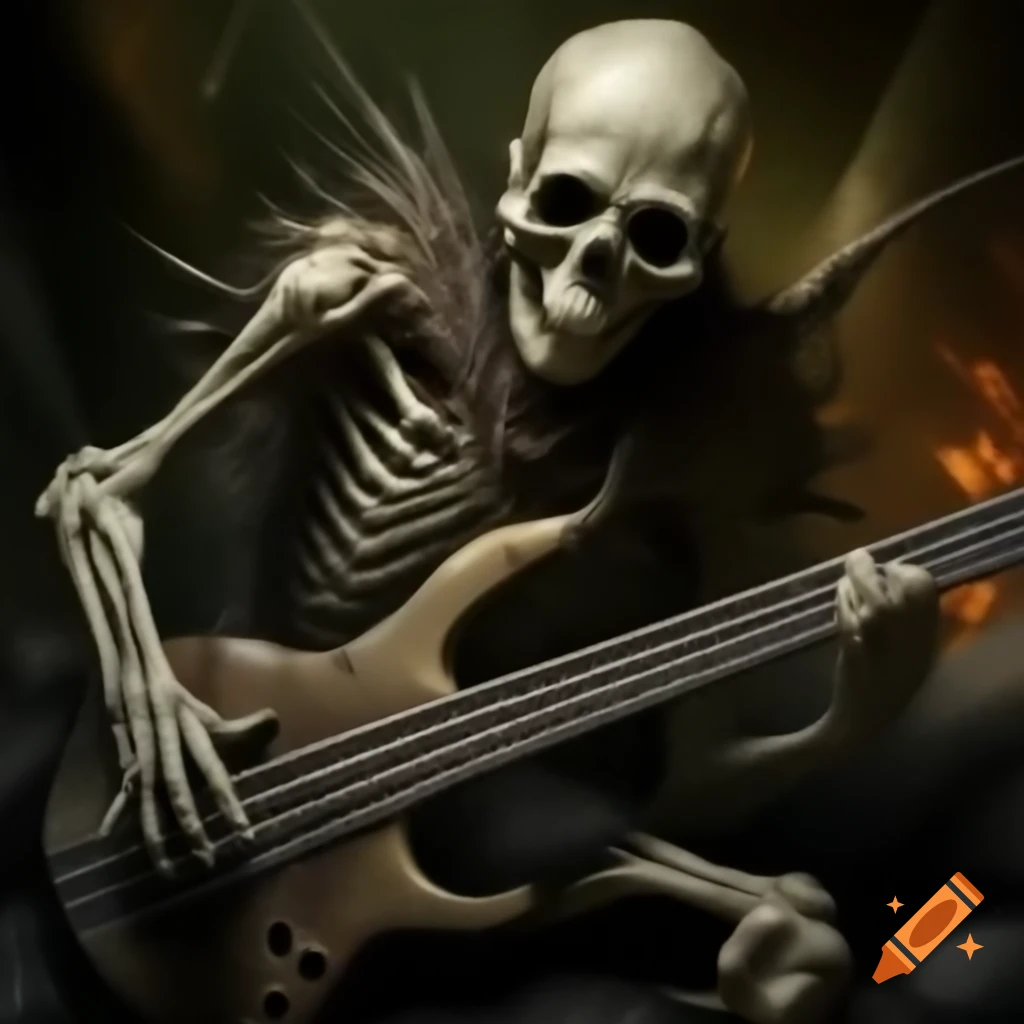 Undead bass guitar player slapping, vibrant art style