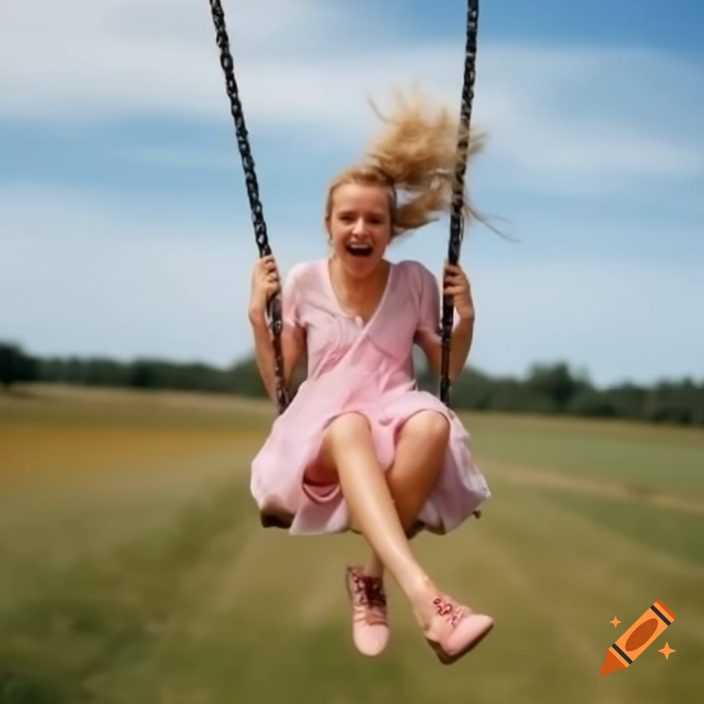 Carefree young woman swinging with pigtails in summer dress, joyful scene