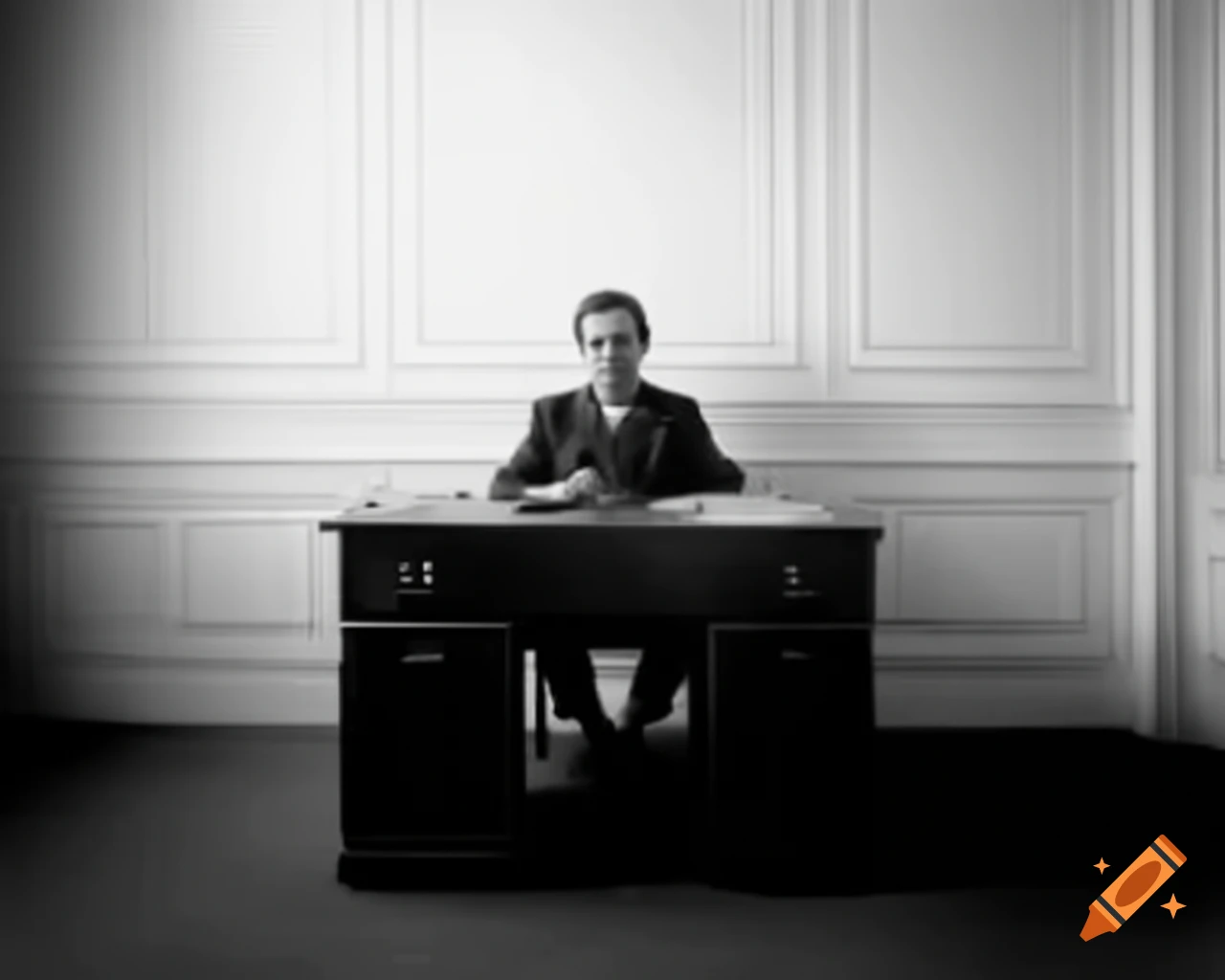 Man sitting at a black desk in a minimalist all-white room