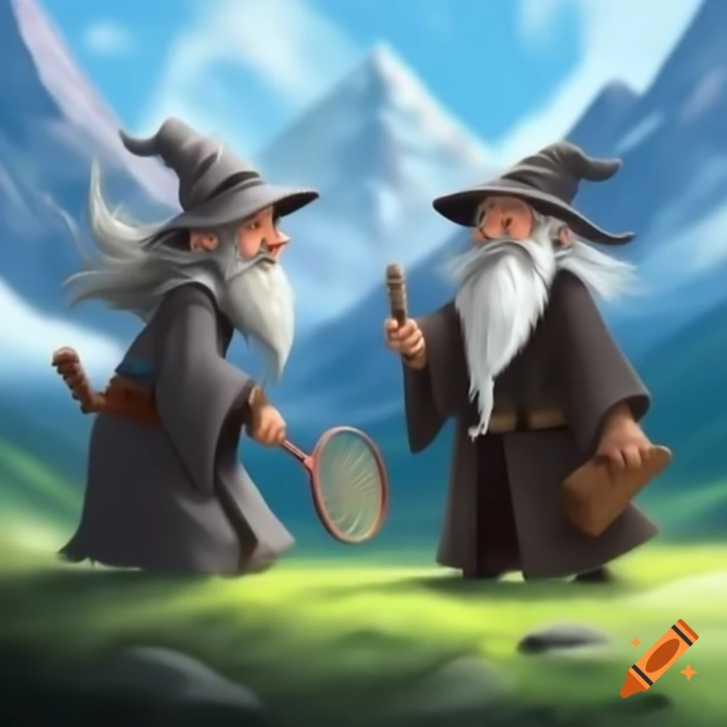 Gandalf and Dumbledore playing tennis in the mountains