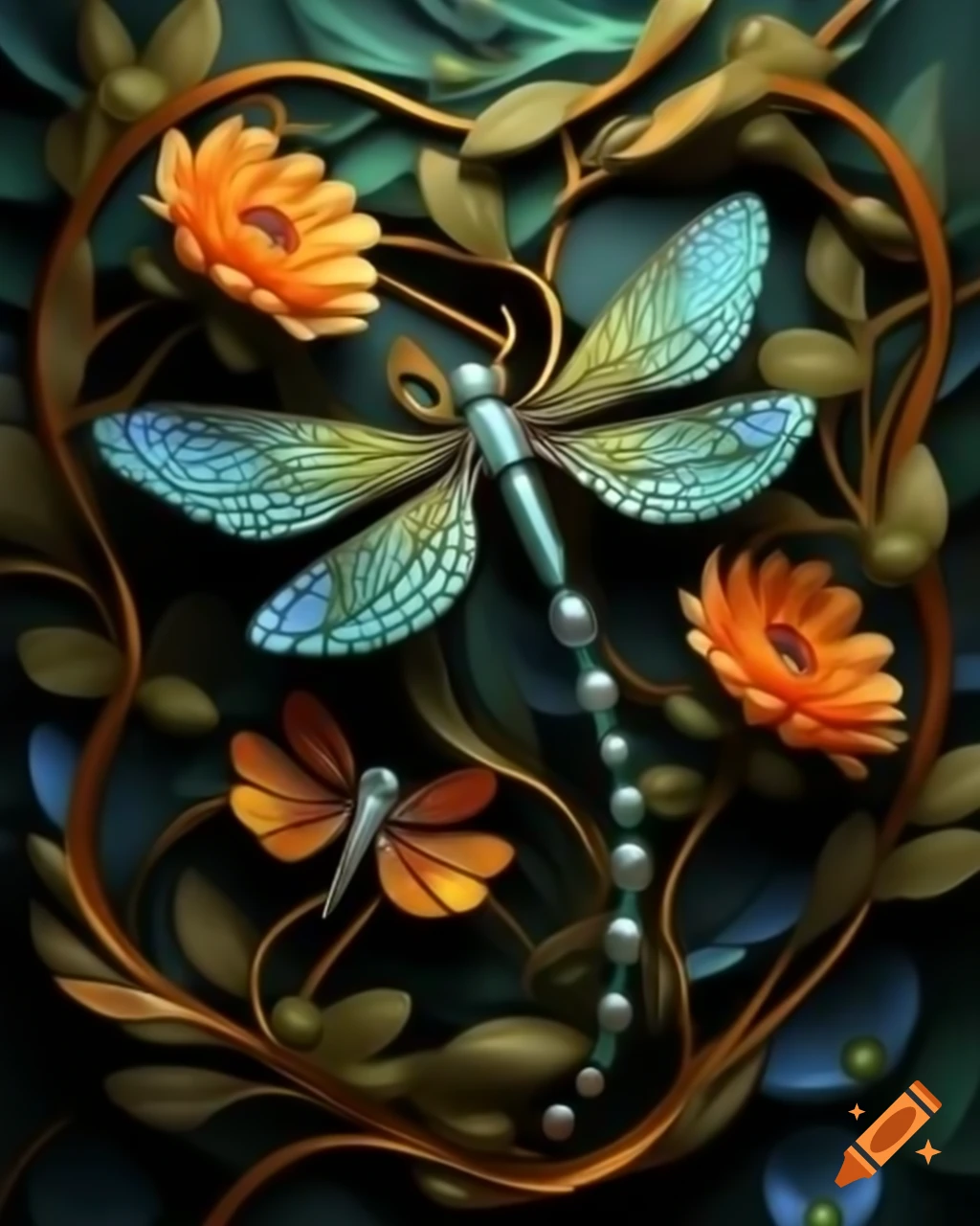 Seamless background of 3D dragonflies and vibrant flowers with shiny pearls