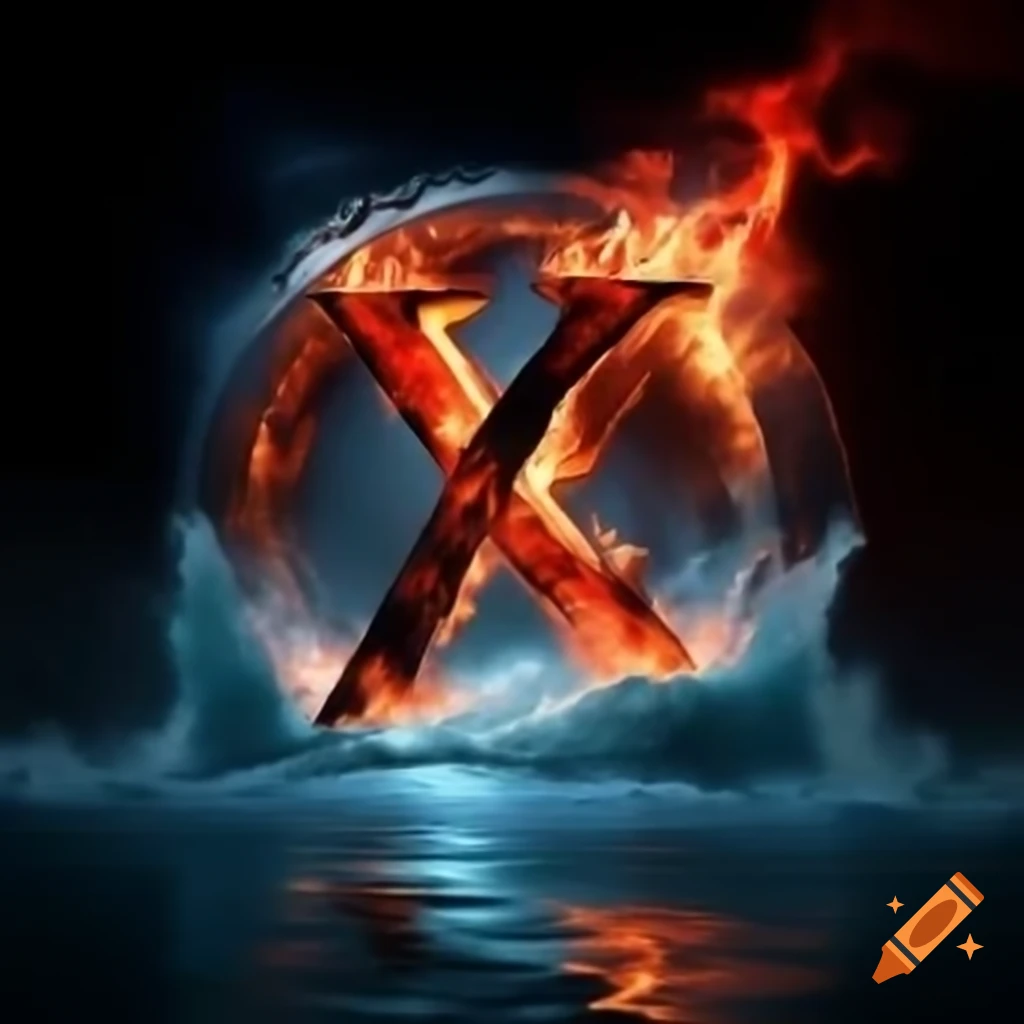 Fiery 'X' explosion with red and blue flames in dynamic display