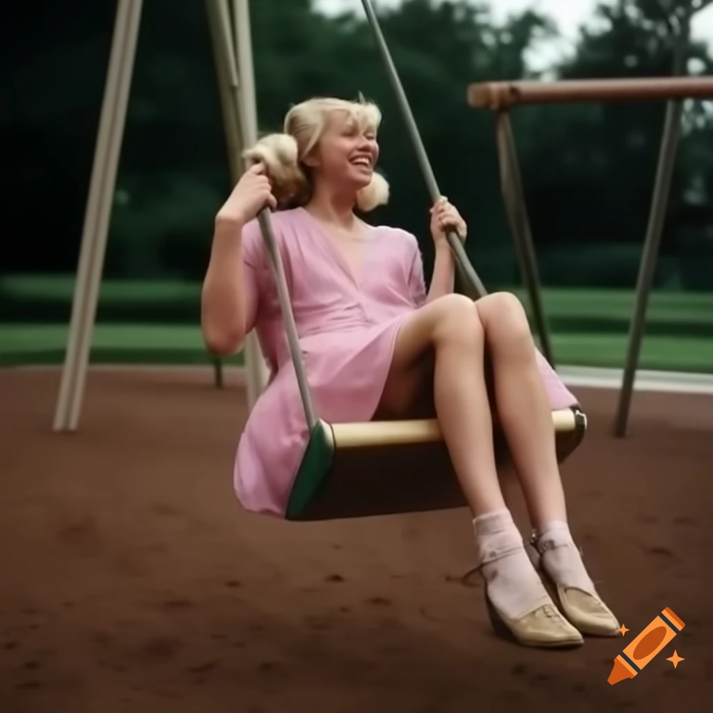 Woman with blonde pigtails swinging in playground wearing pink dress