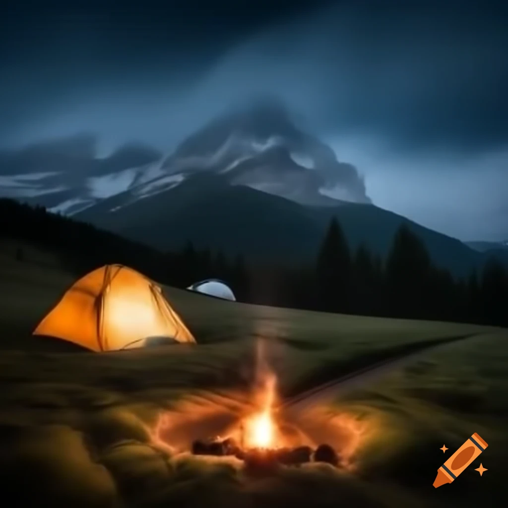 Path in a field at night leading to camping tent and campfire with mountains in background