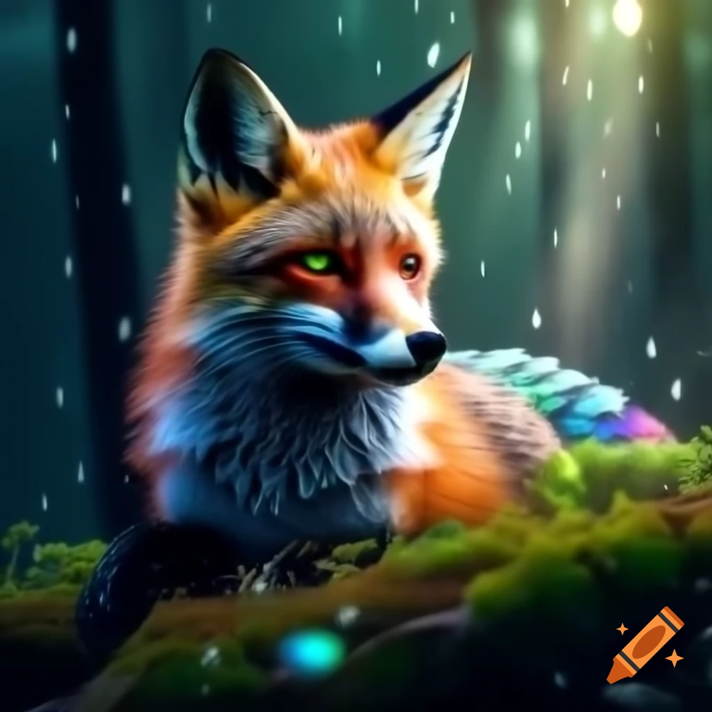 Mystical fox in foggy forest with sunlight peeking through trees