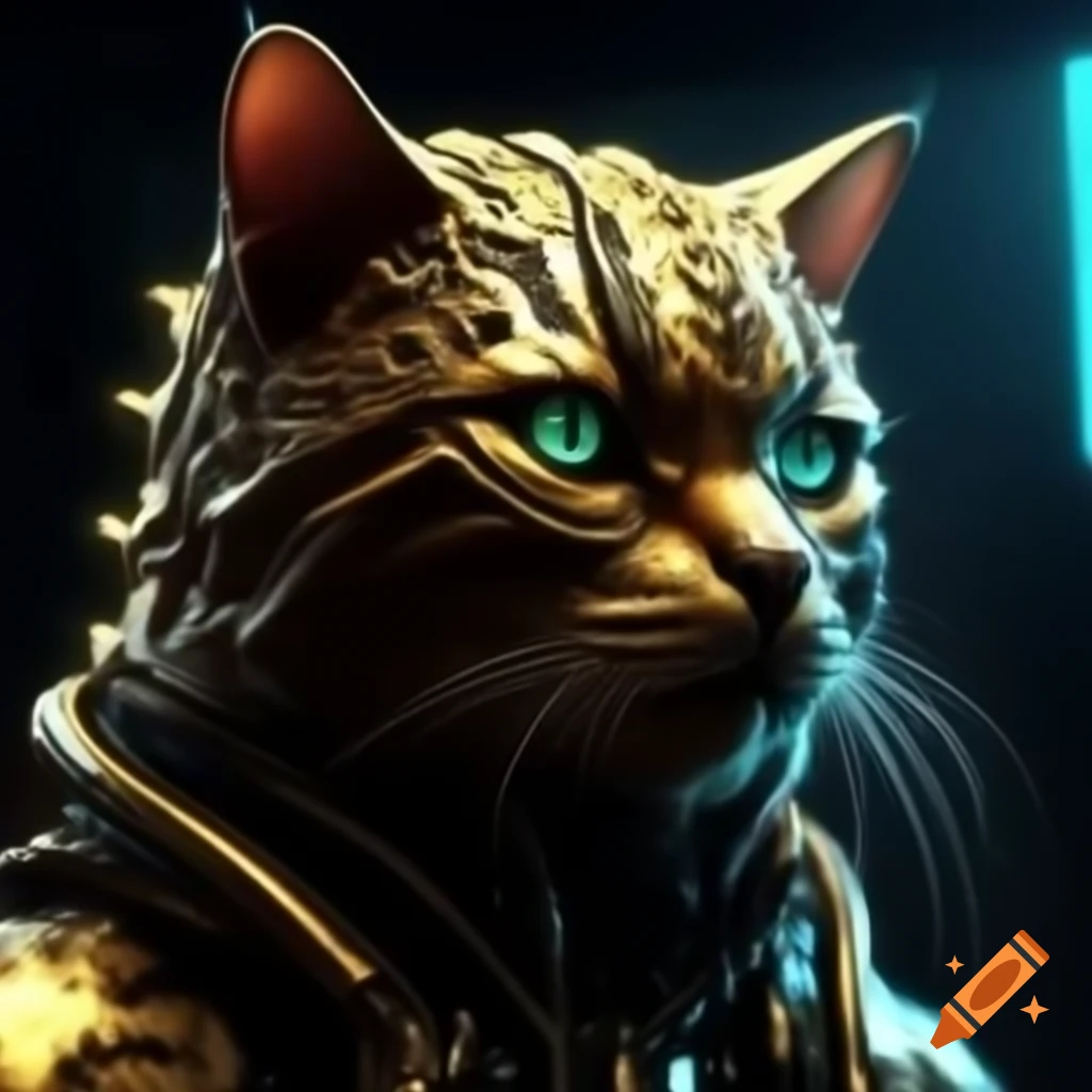 Glowing gold evil cat god in cyberpunk style