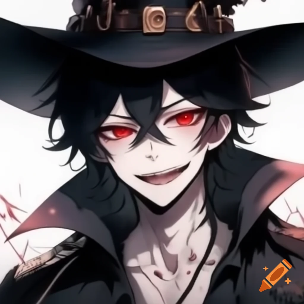 Anime vampire with long black hair, red eyes, and brimmed hat in front of moon