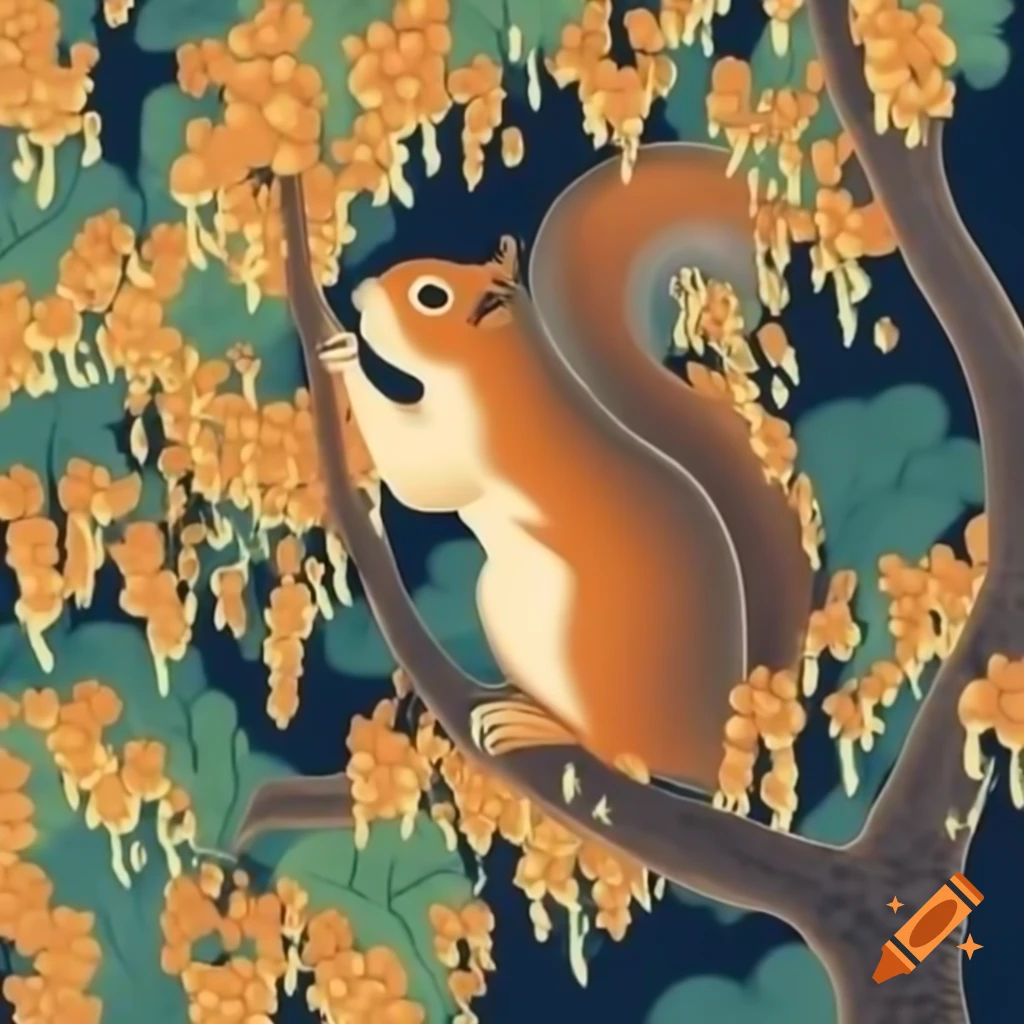 Squirrel among grapevines in traditional Japanese art style