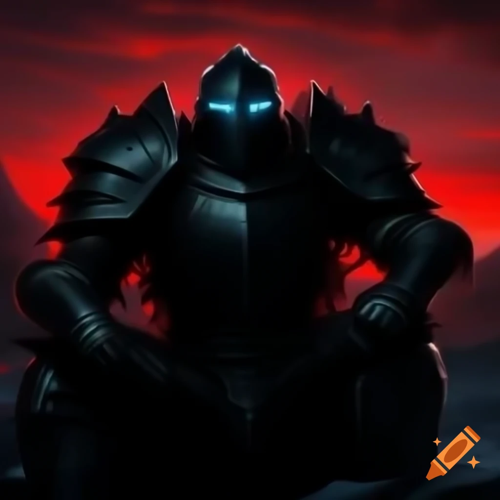 Black knight armor against red night sky with stars