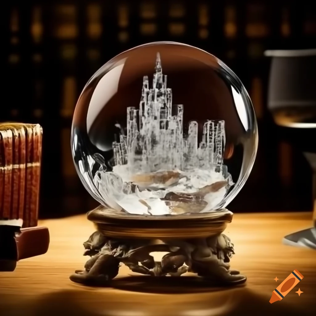Whimsical scene with magician, library, and cat among trading cards and crystal sphere