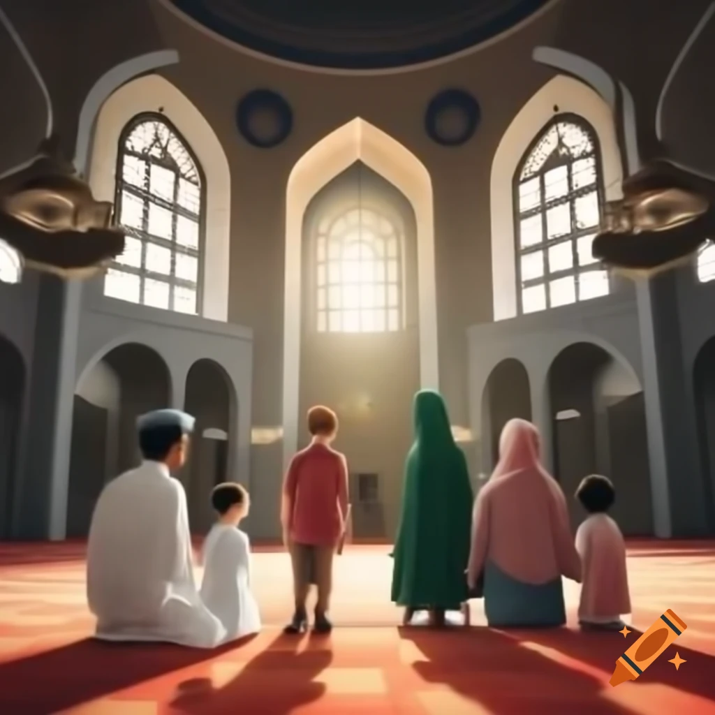 Family gathered inside a mosque