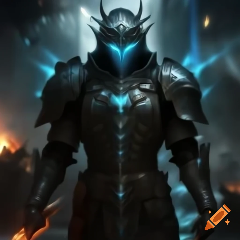 Bioluminescent warrior in cobalt and obsidian armor firing lasers on futuristic battlefield