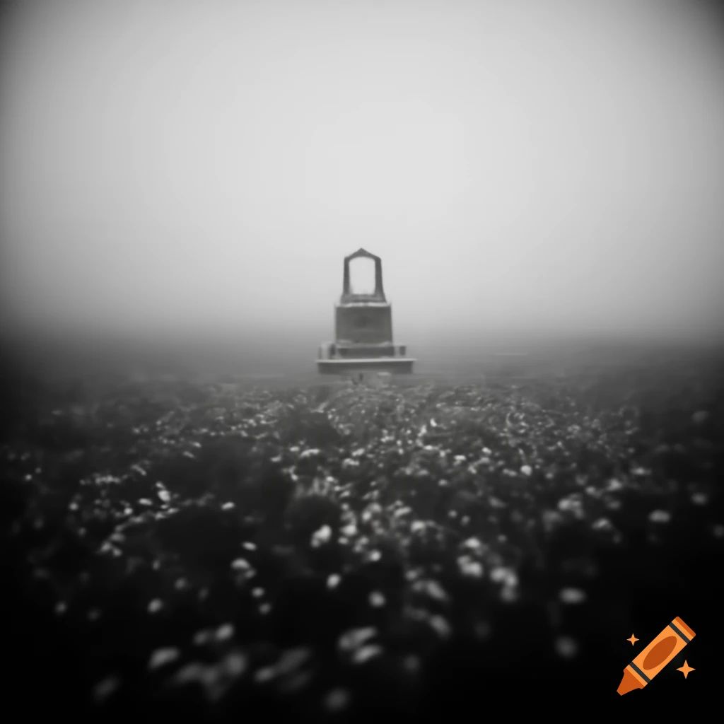 Misty meadow with ghostly silhouette of bell in muted monochromes