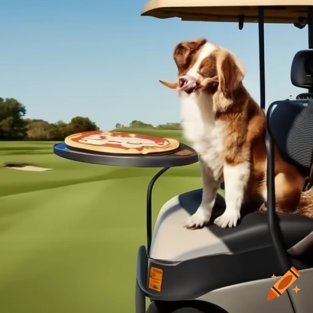 Aussiedoodle dog driving golf cart and delivering pizza