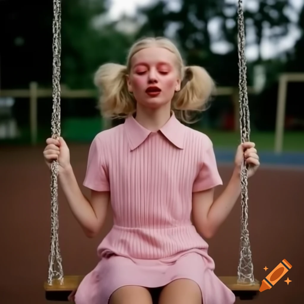 Tall woman with rosy cheeks in pink dress swinging joyfully on playground