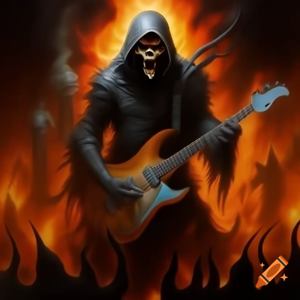 Monstrous reaper guitar on stage with fiery lights and thunderous metal atmosphere
