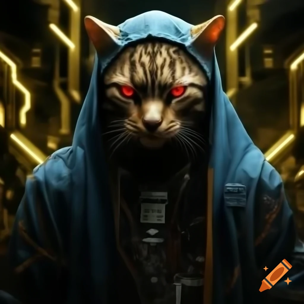 Cybernetic feline creature with gold circuitry and red eyes in neon alley