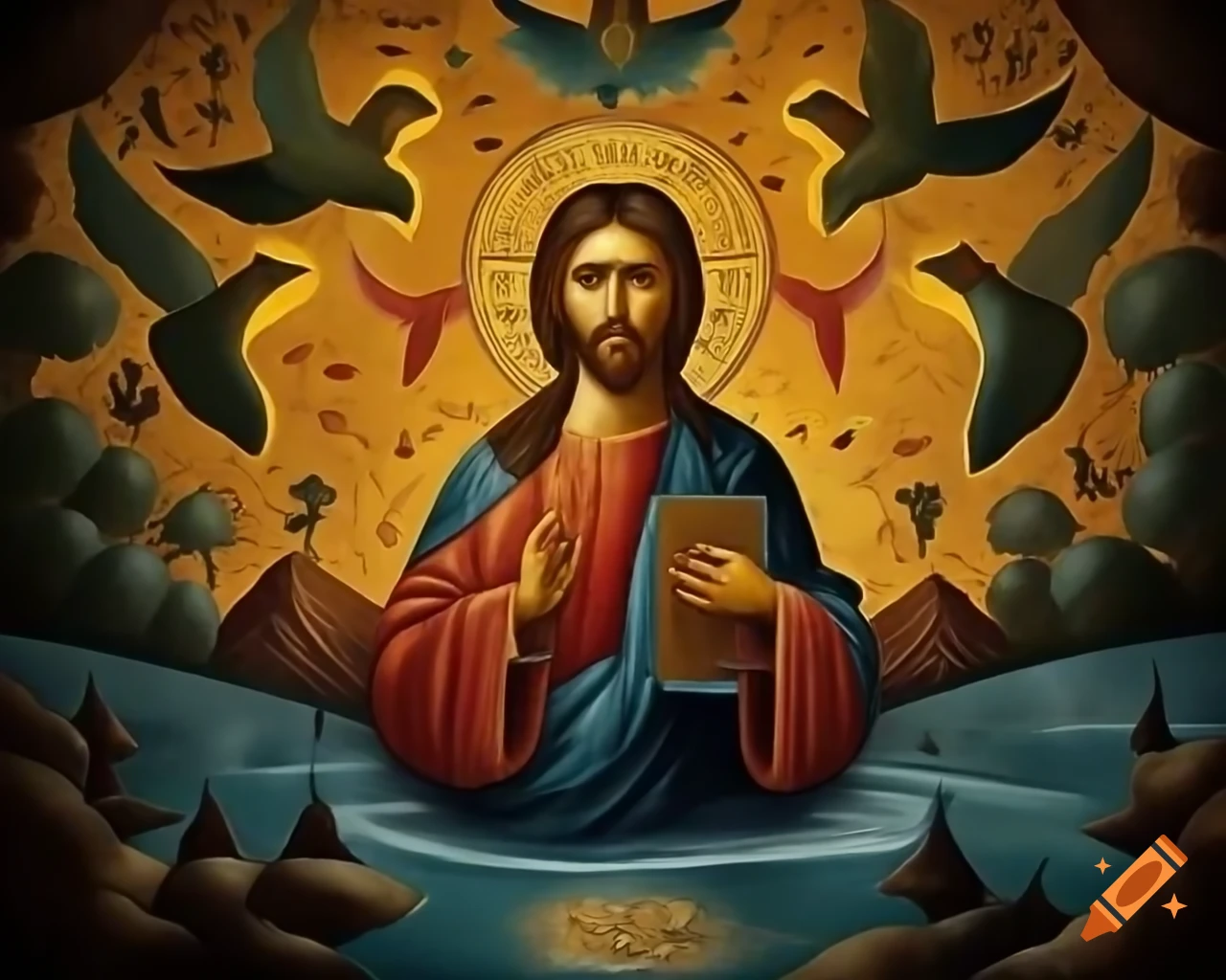 Byzantine mosaic of Jesus surrounded by birds and water by Svetoslav Roerich
