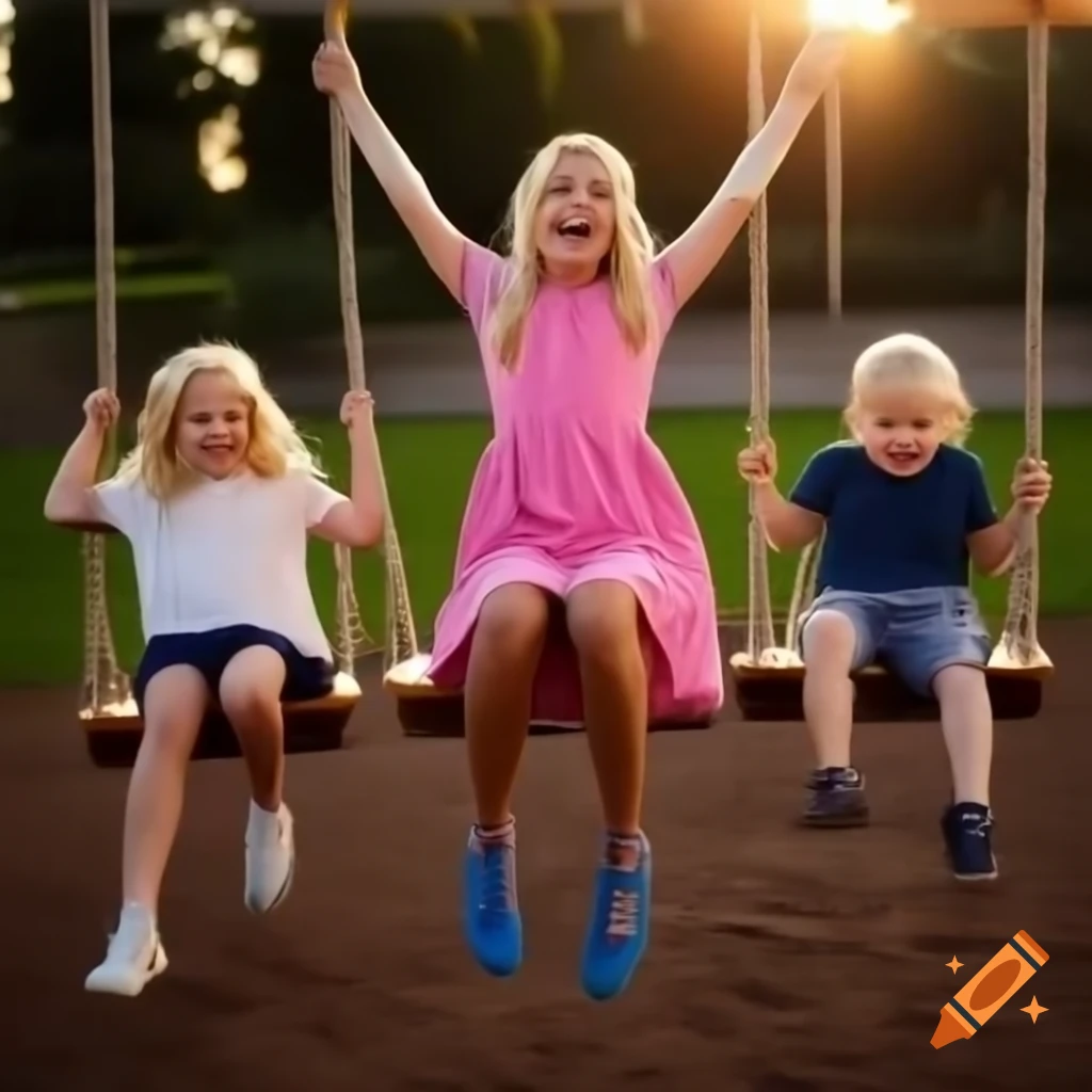 Carefree woman in pink dress enjoying swinging at playground with children