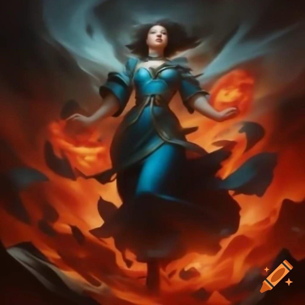 Powerful figure in blue and black walking through fields of lava, leaving a radiant wake