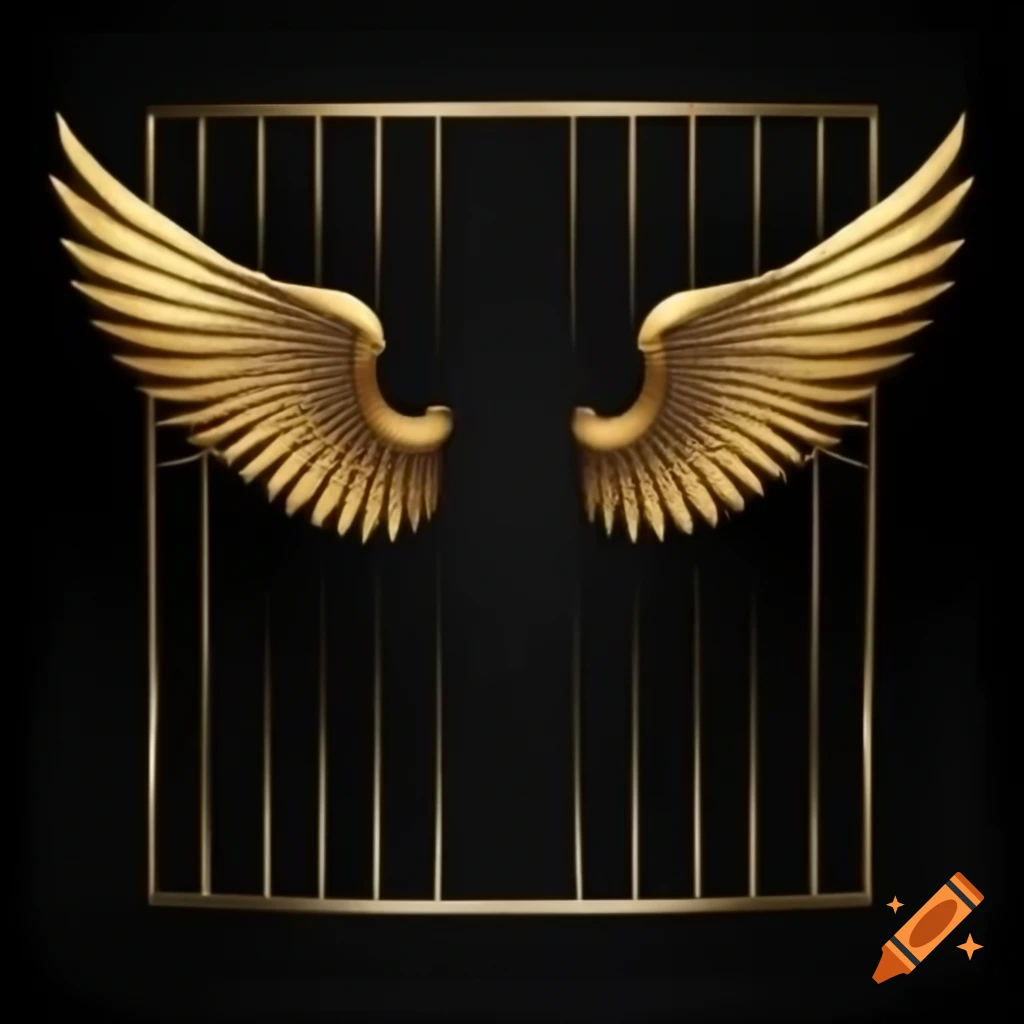 Abstract design featuring golden wings and iron cage on black background