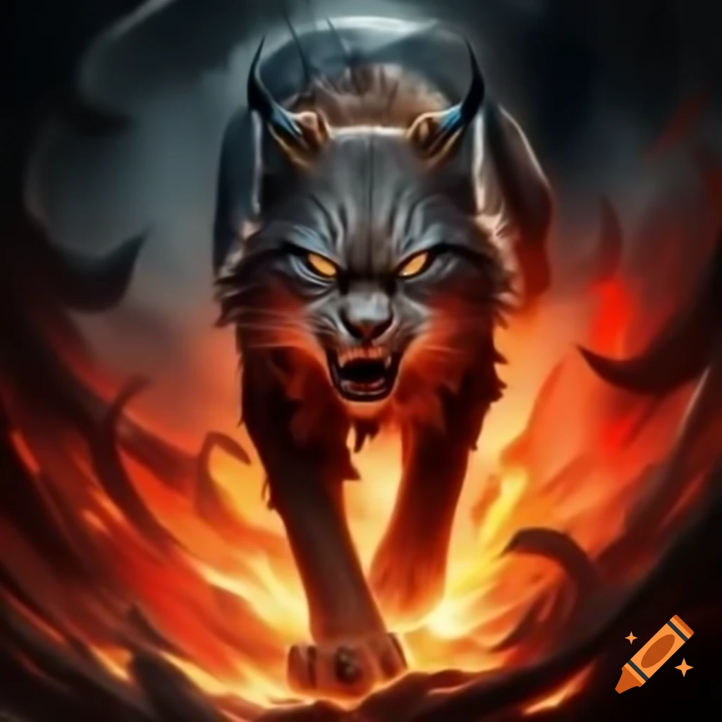 Lynx emerging from fire vortex with fiery red gaze
