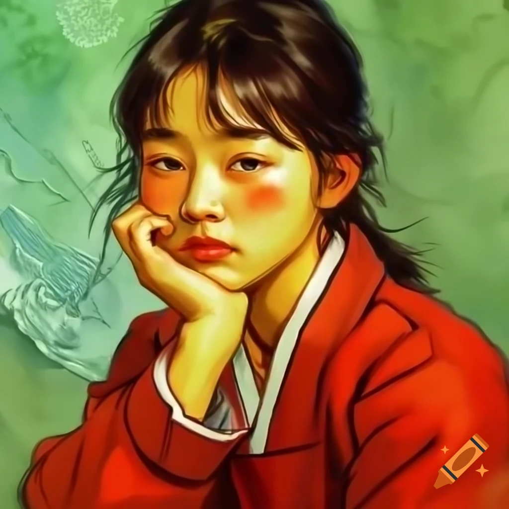 Stunning portrait of Korean woman in red, animated style with watercolor and Rembrandt influences