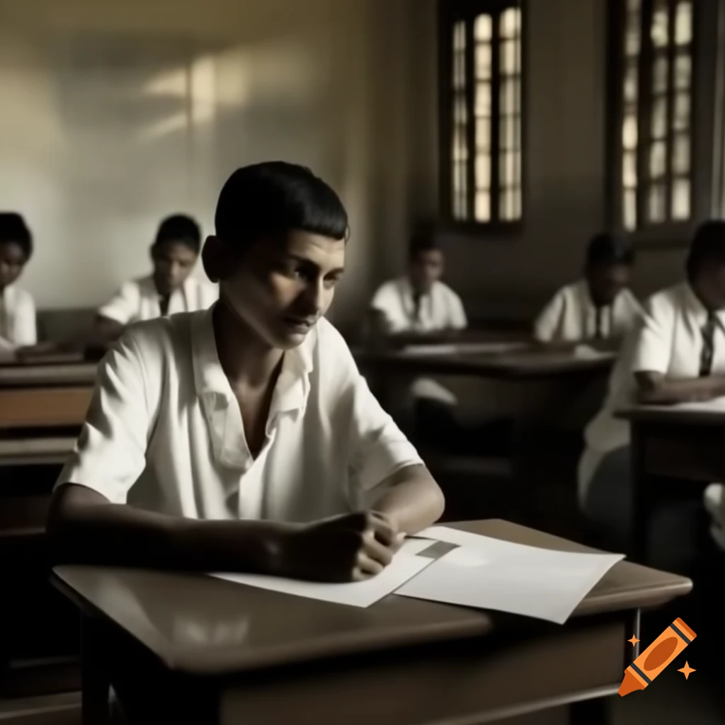 Young Gandhi in classroom with determined expression, reflecting inner decision
