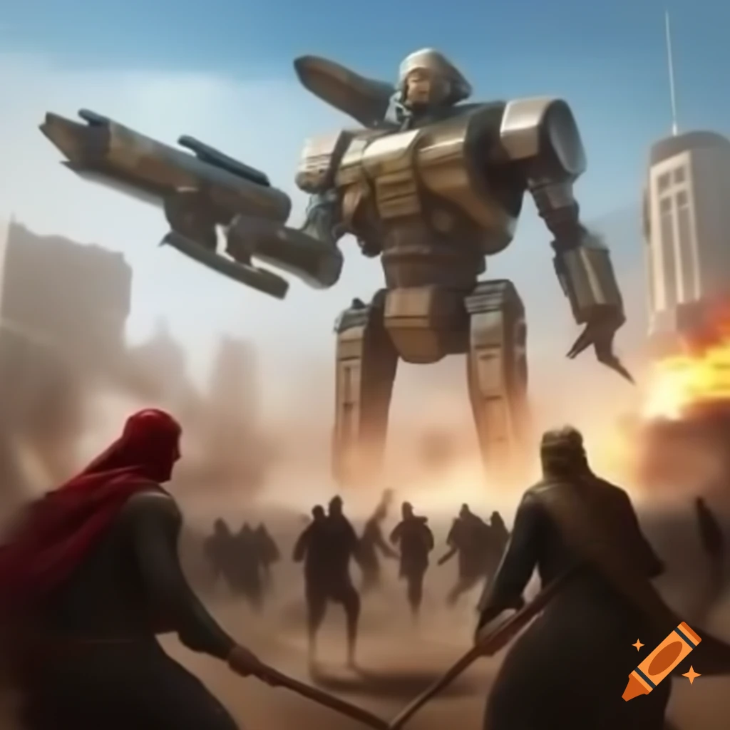 Traditional Palestinian fighter battling futuristic war cyborg